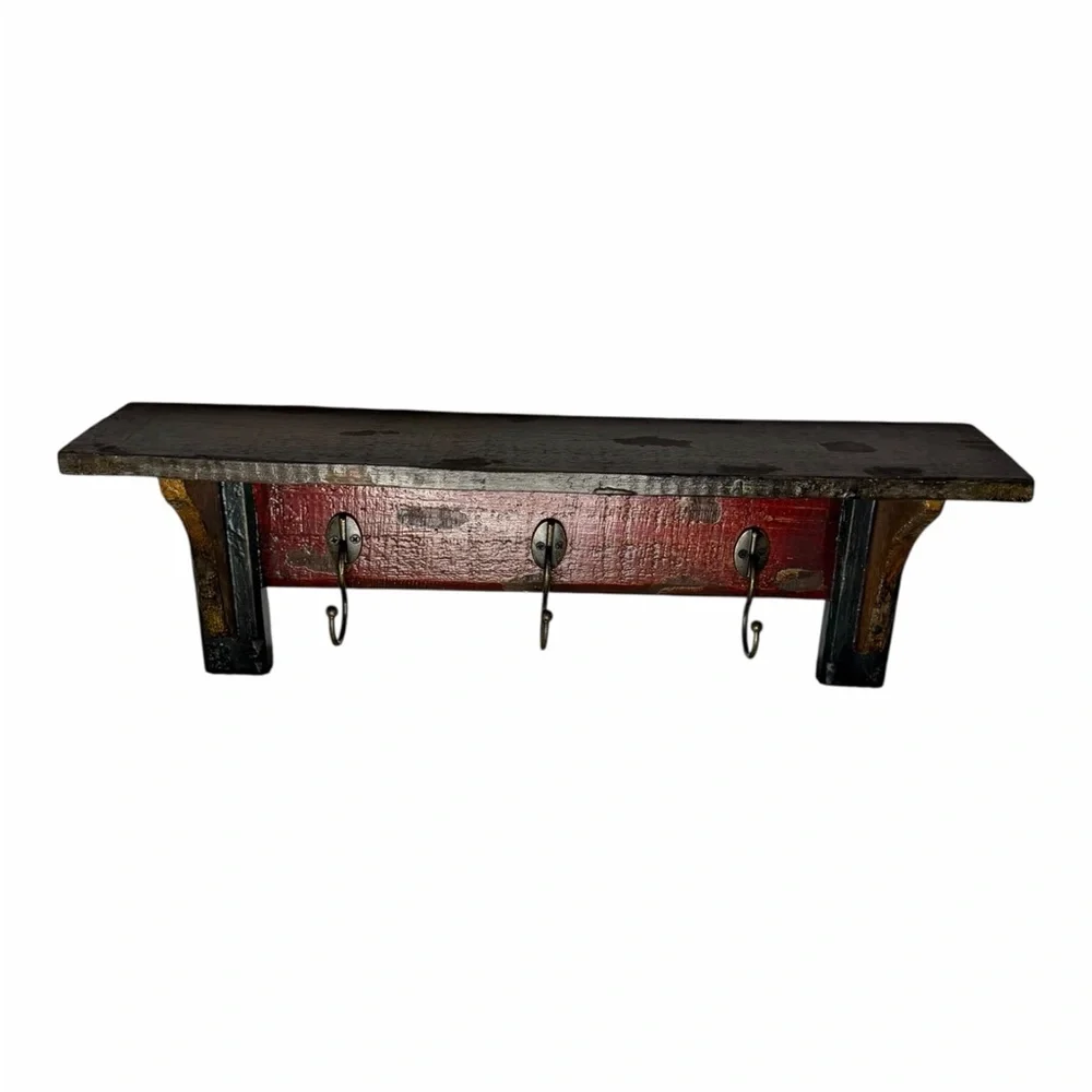 Cottagecore Rustic Distressed Red and Green Wall Shelf with Coat Hooks